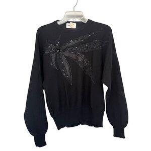Vintage 80s Beaded Lace Embellished Lambswool Angora Sweater Small Black